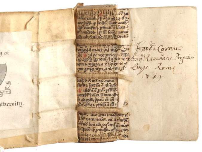 Waste paper reused in a 16th century binding. Bellum Catilinae & Bellum Iugurthinum, Sallust (86-34 B.C.), Antwerp: Johann Gymnich, 1547., Princeton University Library, Gryphius Collection.